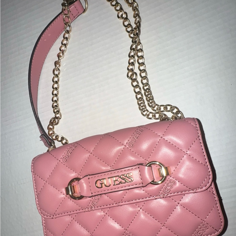 GUESS Pink Quilted Crossbody with Gold Chain Strap